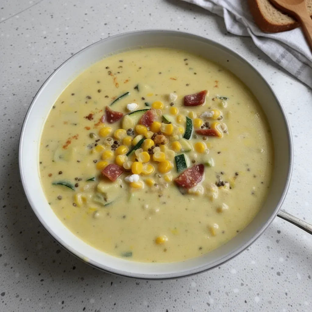 Bowl of Zucchini Corn Chowder garnished with fresh herbs